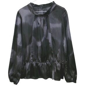 DASY FUENTES Black Satin Mock Neck Peplum Blouse Long Sleeve Large